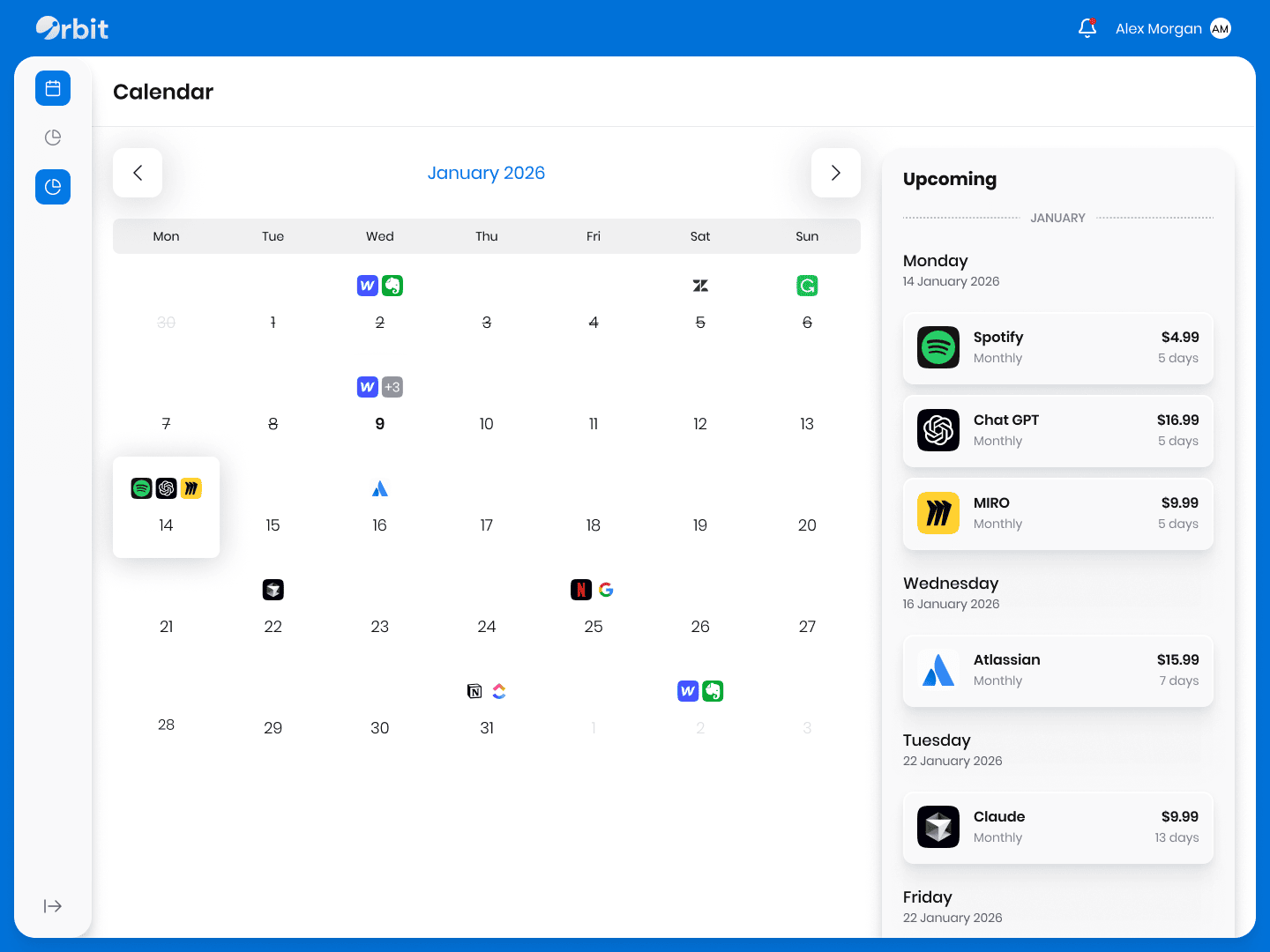 Renewal calendar showing upcoming subscription charges